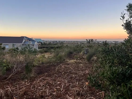 Cleared coastal plot beside a house at dusk